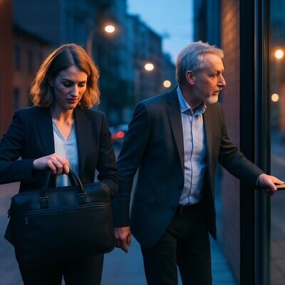 Zwei Menschen markieren bewusst den Feierabend mit frischer Luft – Symbol für den Wechsel zwischen Rollen.