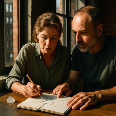 Ein Paar betrachtet gemeinsam Notizen und Zahlensymbole, ruhig und zugewandt.