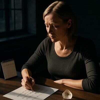 Eine Person notiert Zahlen und rechnet ruhig auf Papier, warmes Licht und klare, fokussierte Stimmung.