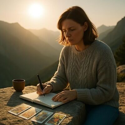 Eine Person schreibt Deutungsschritte zu Hofkarten in ein Notizbuch neben einem Tarot-Deck.