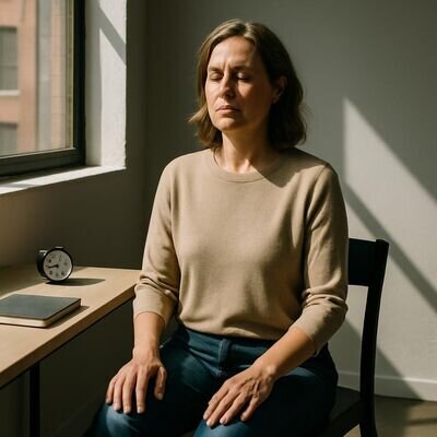 Eine Person richtet sich einen ruhigen Meditationsmoment am Schreibtisch ein und reduziert Leistungsdruck.
