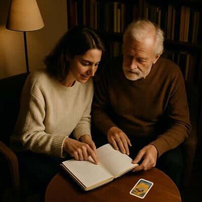 Zwei Personen reflektieren ruhig den Tag: Tarotkarte liegt aufgeschlagen neben einem Journal, warmes Abendlicht.