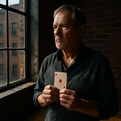 Eine Person h&auml;lt eine Skatkarte in der Hand und blickt nachdenklich aus dem Fenster, als w&uuml;rde sich ein Gedanke ordnen.