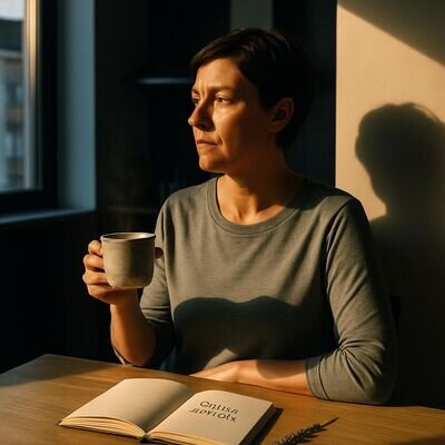 Eine Person sitzt am Fenster und wirkt nachdenklich, als wuerde sie einen Duft aus dem Traum nachspueren.