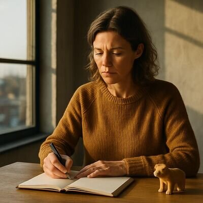 Eine Person sitzt mit Notizbuch und richtet den Fokus nach innen, um ein Totemtier achtsam zu finden.