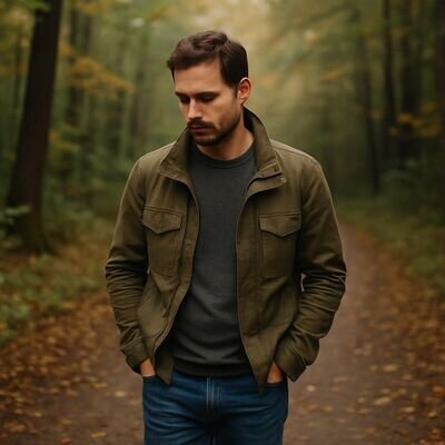 Europ&auml;ischer Mann auf einem Waldweg, nachdenklich, Natur als Symbol f&uuml;r Wandel.