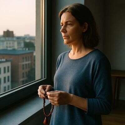 Eine Person beginnt den Tag mit einem kurzen Mantra-Moment im nat&uuml;rlichen Morgenlicht am Fenster.