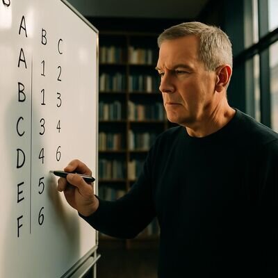 Ein Mann schreibt Buchstaben in ein Raster und ordnet Zahlen zu, als w&uuml;rde er die Pers&ouml;nlichkeitszahl berechnen.