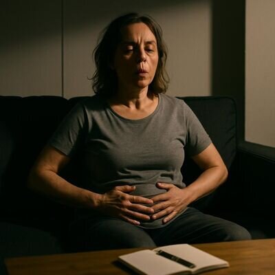 Eine Person sitzt abends ruhig im warmen Licht und bereitet sich bewusst auf die Nacht vor.