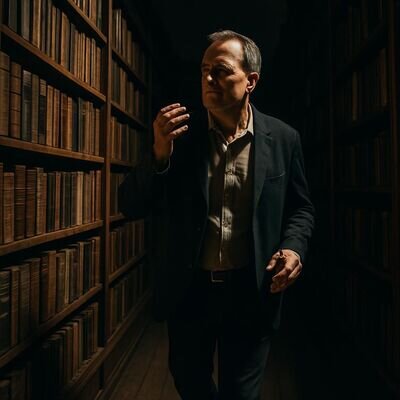 Eine Person geht in einer Bibliothek einen Gang entlang, als wuerde sie einer unsichtbaren Duftspur folgen.