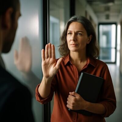 Eine Person &uuml;bt ruhig ein Nein in einer allt&auml;glichen Gespr&auml;chssituation.