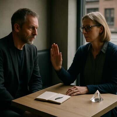 Zwei Personen im ruhigen Austausch, ernsthaft und freundlich, mit sp&uuml;rbarer Selbstbestimmung.