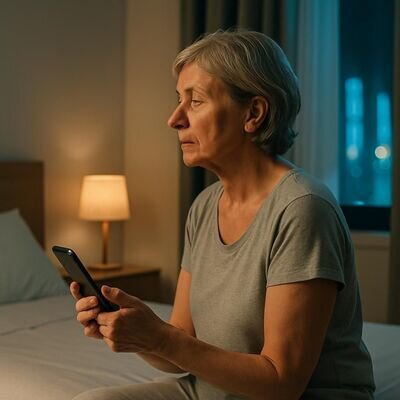 Eine Person bereitet sich auf den Schlaf vor, nutzt eine Meditations-App ruhig und bewusst, ged&auml;mpftes Licht.