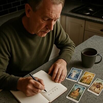 Eine Person notiert mehrere Rohfragen und formuliert daraus eine klare Leitfrage, Karten liegen daneben.