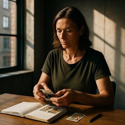Eine Person mischt Karten und notiert eine klare Frage in ein Notizbuch &ndash; ruhige Lernatmosph&auml;re.