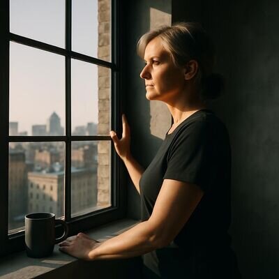 Eine Person steht am Fenster und konzentriert sich ruhig auf den Atem, urbaner Alltag im Hintergrund.