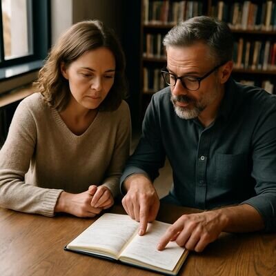 Zwei Personen sitzen in einer hellen Bibliothek-Atmosph&auml;re und schauen gemeinsam auf Traumnotizen zur Auswertung.