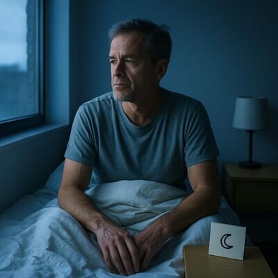 Eine Person sitzt am fr&uuml;hen Morgen wach im Bett und stellt sich ruhig einen Klartraum vor.