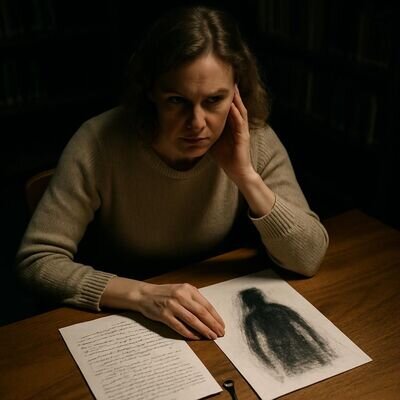 Eine Frau betrachtet nachdenklich Skizzen und Notizen, als w&uuml;rde sie Traumsymbole entschl&uuml;sseln.