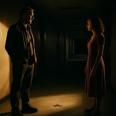 Zwei Menschen stehen sich in einem langen Flur gegen&uuml;ber, wie eine symbolische Traum-Begegnung voller Abstand und Fragen.