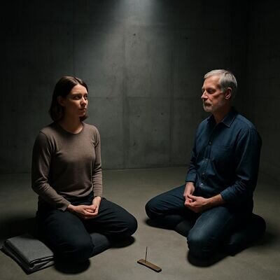 Zwei Menschen in unterschiedlichem Alter &uuml;ben gemeinsam Sitzmeditation in einem modernen, schlichten Raum und zeigen einen realistischen Einstieg.