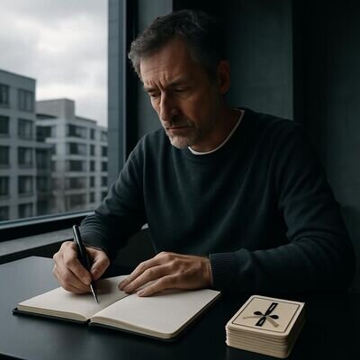 Eine Person schreibt eine pr&auml;zise Frage auf, w&auml;hrend Karten und Notizbuch bereitliegen.