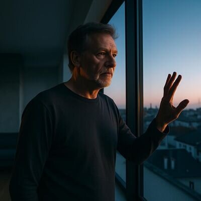 Eine Person steht nachdenklich am Fenster in der Daemmerung, zwischen Nacht und Morgen.