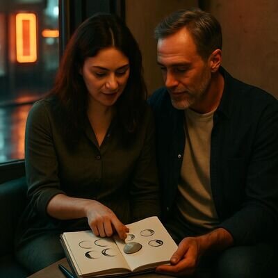 Zwei Menschen sitzen in einem Caf&eacute; und betrachten ein Notizbuch mit Mondphasen, daneben liegt ein Mondstein.