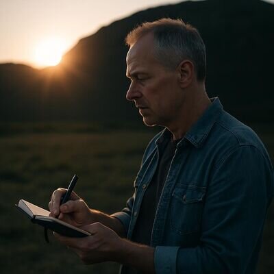 Eine Person reflektiert abends den Tag und notiert Dankbarkeitspunkte in einem Notizbuch.