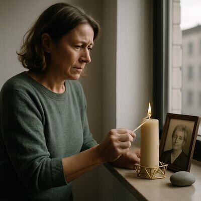 Eine Person richtet in ruhiger Atmosph&auml;re einen kleinen Platz der W&uuml;rdigung ein.