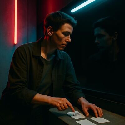 Eine Person ordnet Karten in einem urbanen Setting und wirkt konzentriert, als w&uuml;rde sie ein Traumthema strukturieren.