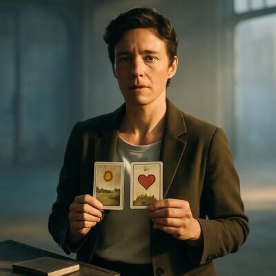 Eine Person zieht zwei Lenormandkarten und vergleicht sie mit einer Notiz, um Kombinationen zu lernen.