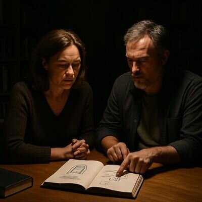 Zwei Erwachsene betrachten Notizen und Symbole in einem ruhigen Raum und sprechen über einen Traum.