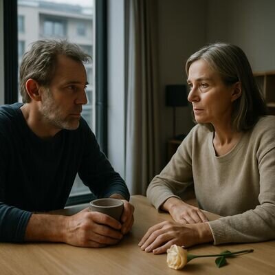 Zwei Menschen sitzen sich gegen&uuml;ber und halten inne, als w&uuml;rden sie ein kleines Beziehungsritual beginnen.