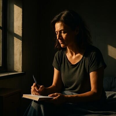 Eine Person sitzt im warmen Morgenlicht am Fenster und schreibt Traumnotizen in ein Notizbuch.