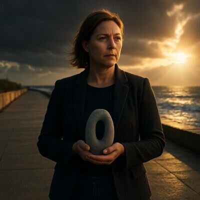 Eine Person h&auml;lt inne und betrachtet einen runden Stein als Symbol f&uuml;r die 0 und einen Neubeginn.