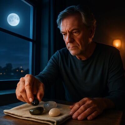 Eine Person legt einen Stein abends ans Fenster, um ihn im Mondlicht ruhen zu lassen.