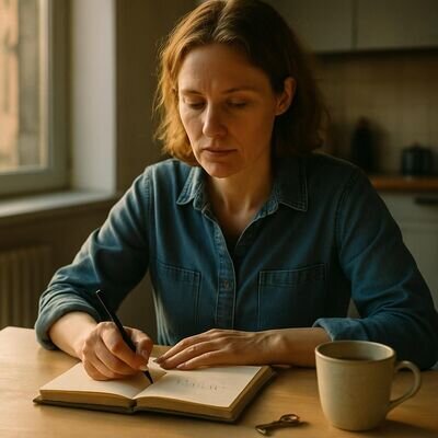 Eine Person schreibt bei warmem Morgenlicht Notizen zu einem Traum in ein Buch, ruhig und konzentriert.