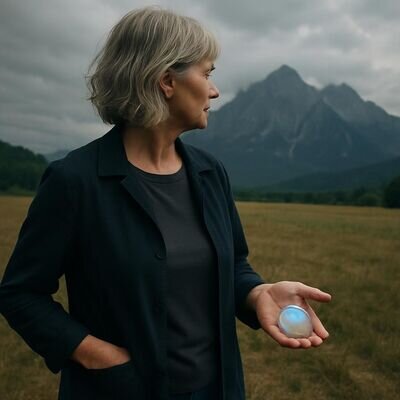 Eine Person schreibt abends reflektierend, w&auml;hrend ein Mondstein auf einem Buch liegt.