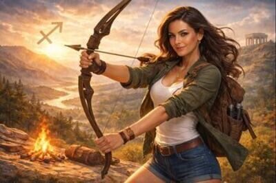 Querformat in dynamischem Outdoor-Look: Eine selbstbewusste Frau mit langen, wehenden Haaren spannt einen Compound-Bogen und zielt entschlossen. Sie steht auf einem Felsplateau mit Rucksack, neben einem kleinen Lagerfeuer; dahinter breitet sich ein weites Berg- und Flusstal im warmen Abendlicht aus, mit antiken Ruinen in der Ferne. Keine Schrift im Bild.