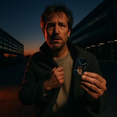 Eine Person steht in einer weiten Stadtumgebung und wirkt unsicher, als w&auml;re sie beobachtet.