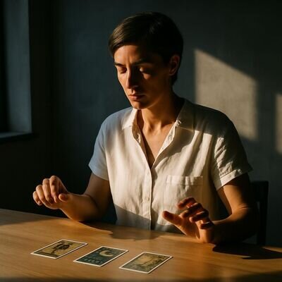 Eine Person betrachtet gezogene Karten und wirkt nachdenklich, als würde sie eine klare Ja-Nein-Frage prüfen.