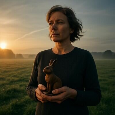Eine Frau im Morgengras h&auml;lt ein kleines Hasen-Symbol und wirkt nachdenklich und zuversichtlich.