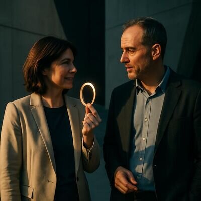 Zwei Personen machen eine kurze Pause und fokussieren sich auf einen runden Gegenstand als Symbol f&uuml;r 0 und Neustart.