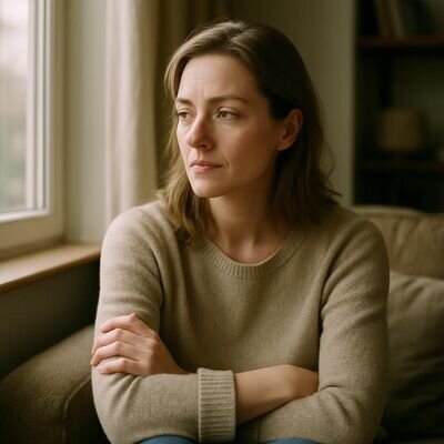 Eine europaeische Frau sitzt nachdenklich am Fenster, als wuerde sie zwei innere Stimmen wahrnehmen.