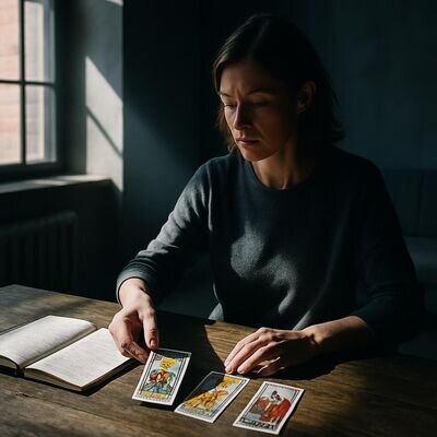 Eine Person legt Tarotkarten aus und notiert Gedanken in ein Journal.
