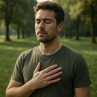 Ein europaeischer Mann atmet bewusst im Park, bodenstaendig und ruhig.