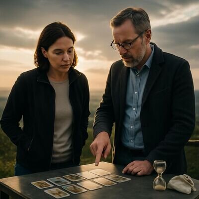Zwei Personen schauen auf Kipperkarten und besprechen Rollen und Dynamiken in einer Situation.