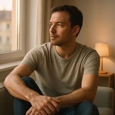 Ein Mann sitzt entspannt am Fenster und macht einen kleinen Achtsamkeitsmoment nach der Arbeit.