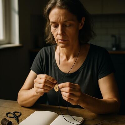 Eine Person h&auml;lt einen kleinen Anh&auml;nger und formuliert ruhig eine pers&ouml;nliche Schutz-Intention.